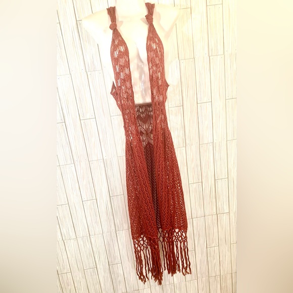 dream catcher Sweaters - Boho Crochet Longline Burnt Orange Open Front Cardigan
